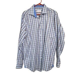 Robert Graham Men's Blue White Brown Checkered Dress Shirt, Size 42 Neck 16.5